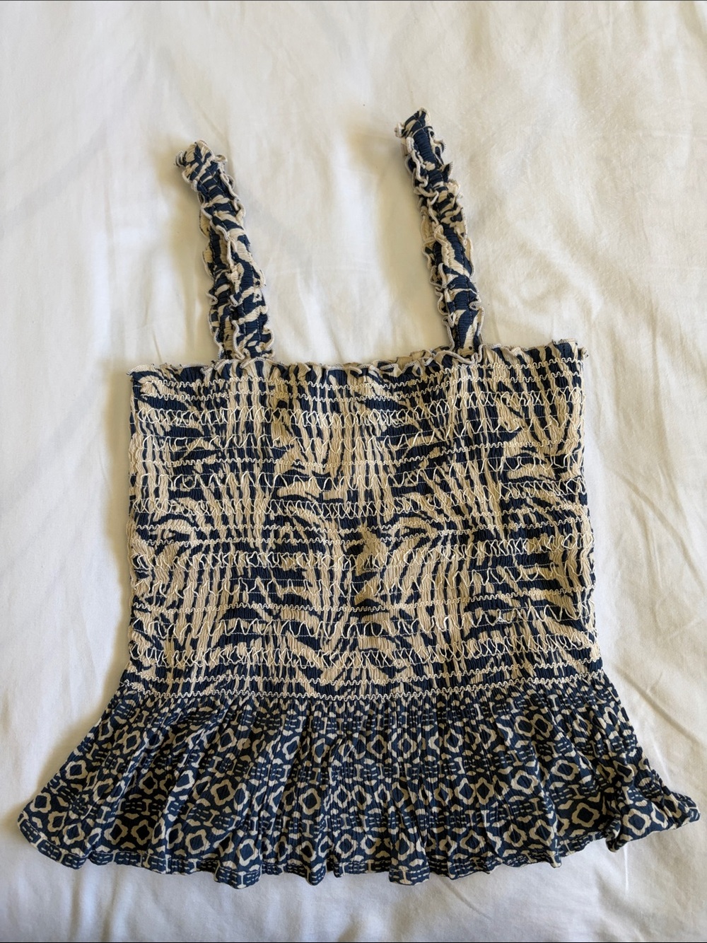 Smocked Blue and Cream Printed Tank Top